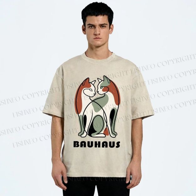 Unisex Bauhaus Colorful Cat Printed Washed Tee