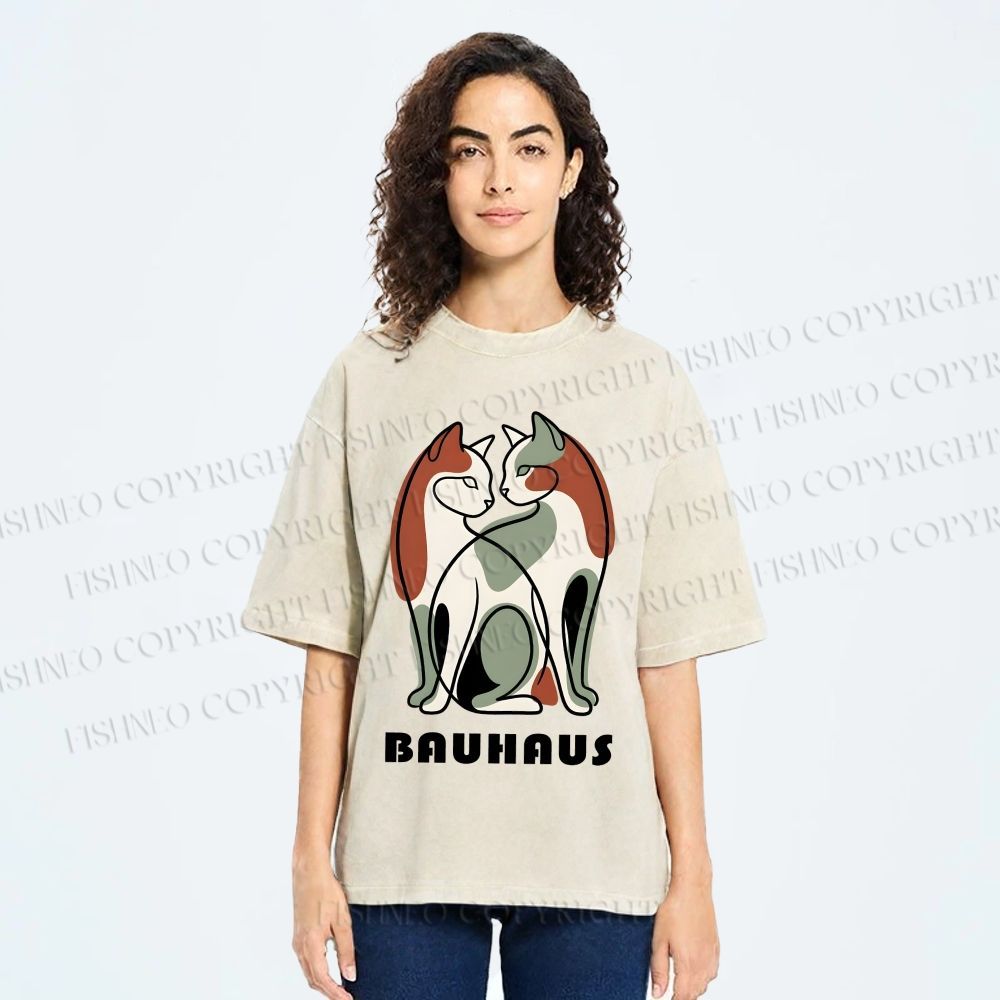 Unisex Bauhaus Colorful Cat Printed Washed Tee