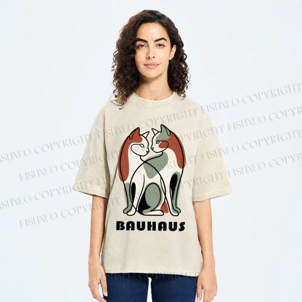 Unisex Bauhaus Colorful Cat Printed Washed Tee