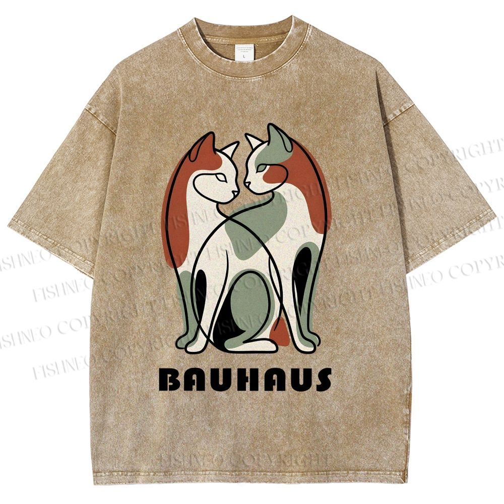 Unisex Bauhaus Colorful Cat Printed Washed Tee