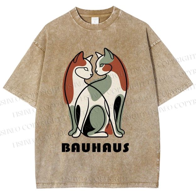 Unisex Bauhaus Colorful Cat Printed Washed Tee