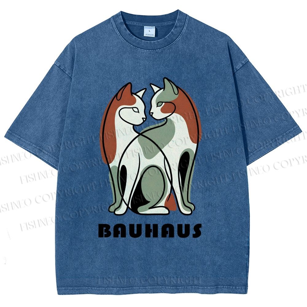 Unisex Bauhaus Colorful Cat Printed Washed Tee