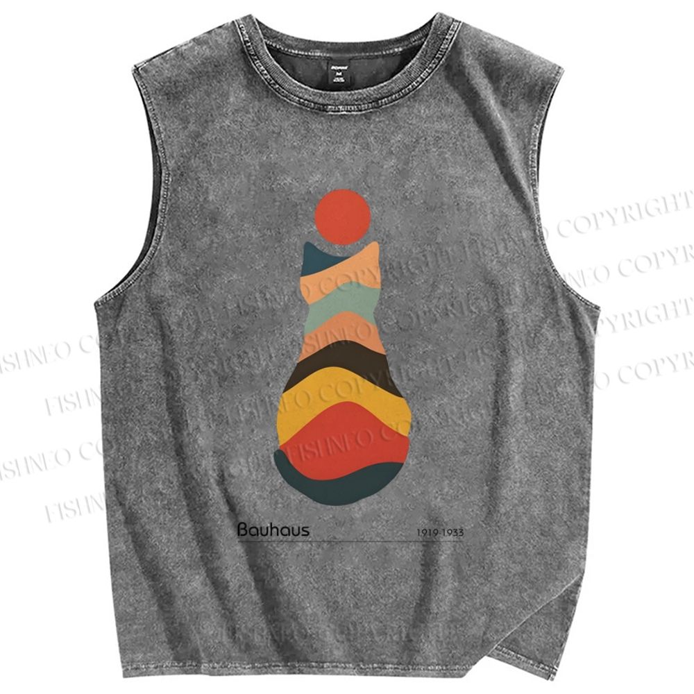 Unisex Bauhaus Colorful Cat Printed Washed Tank Top