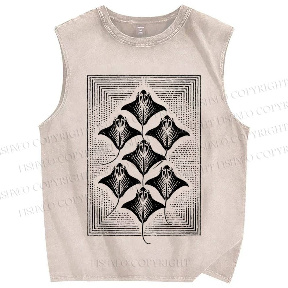 Unisex Manta Ray in Square Printed Washed Tank Top
