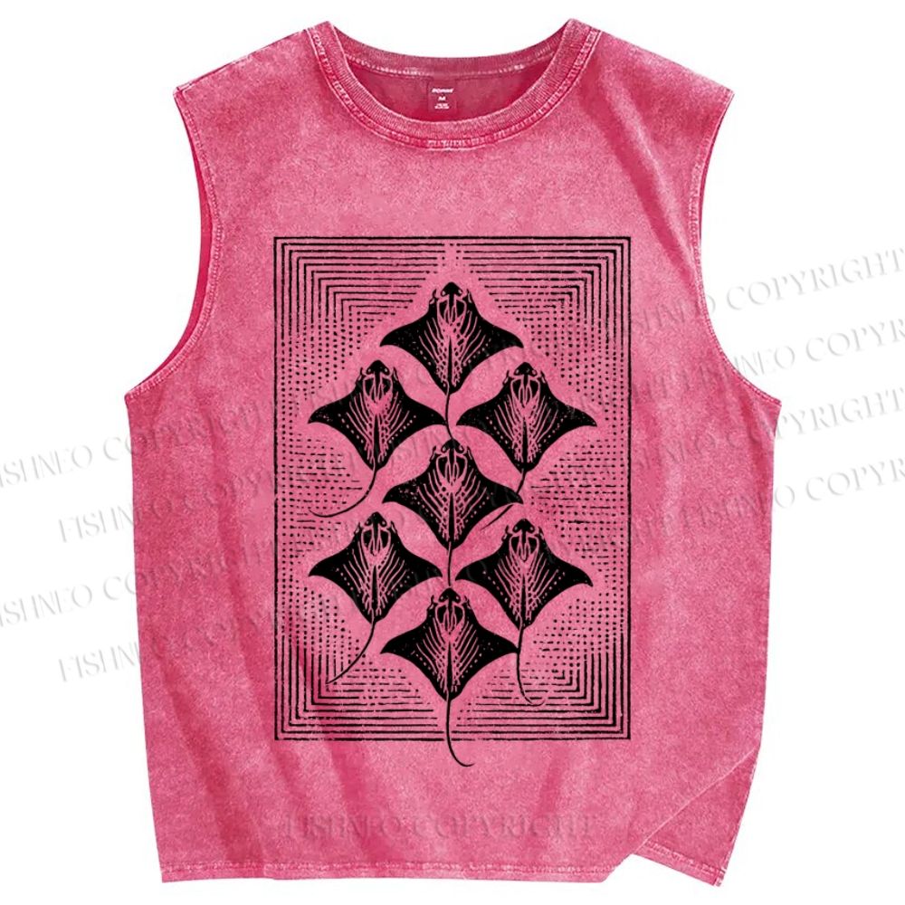 Unisex Manta Ray in Square Printed Washed Tank Top