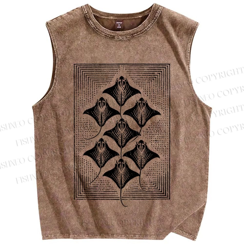 Unisex Manta Ray in Square Printed Washed Tank Top
