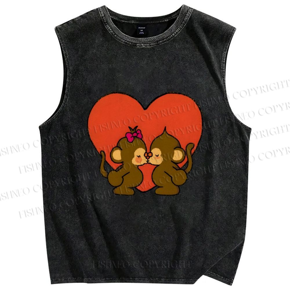 Unisex Monkey in Love Printed Washed Tank Top