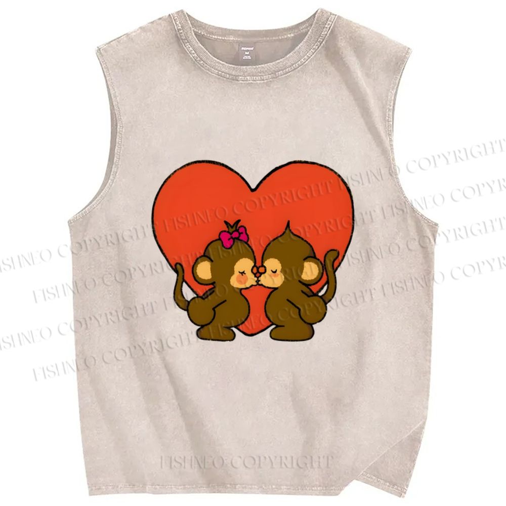 Unisex Monkey in Love Printed Washed Tank Top