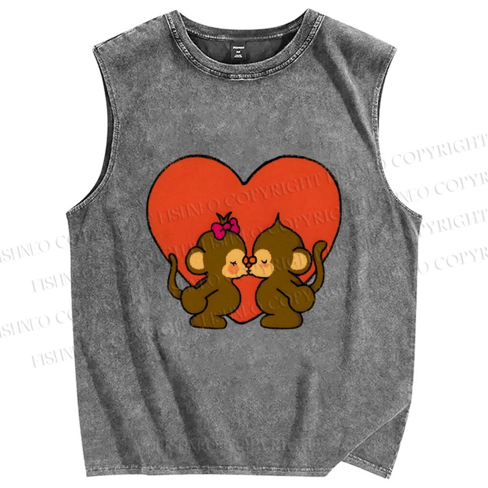 Unisex Monkey in Love Printed Washed Tank Top