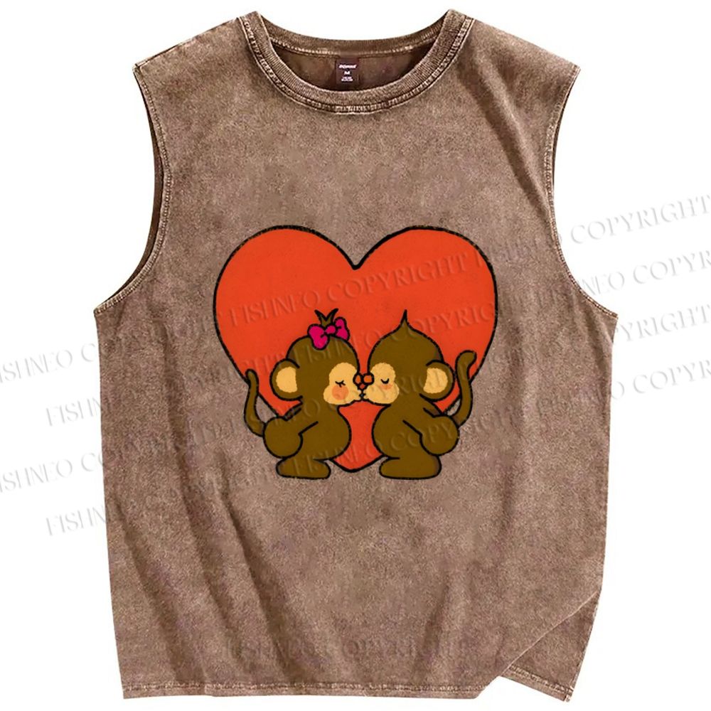 Unisex Monkey in Love Printed Washed Tank Top