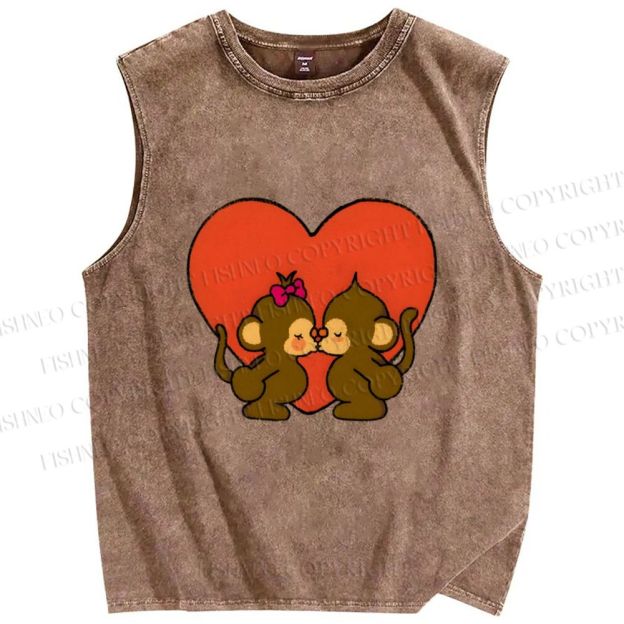 Unisex Monkey in Love Printed Washed Tank Top