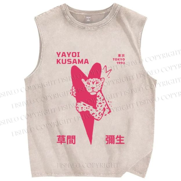 Unisex Yayoi Kusama Pink Panther in Love Printed Washed Tank Top