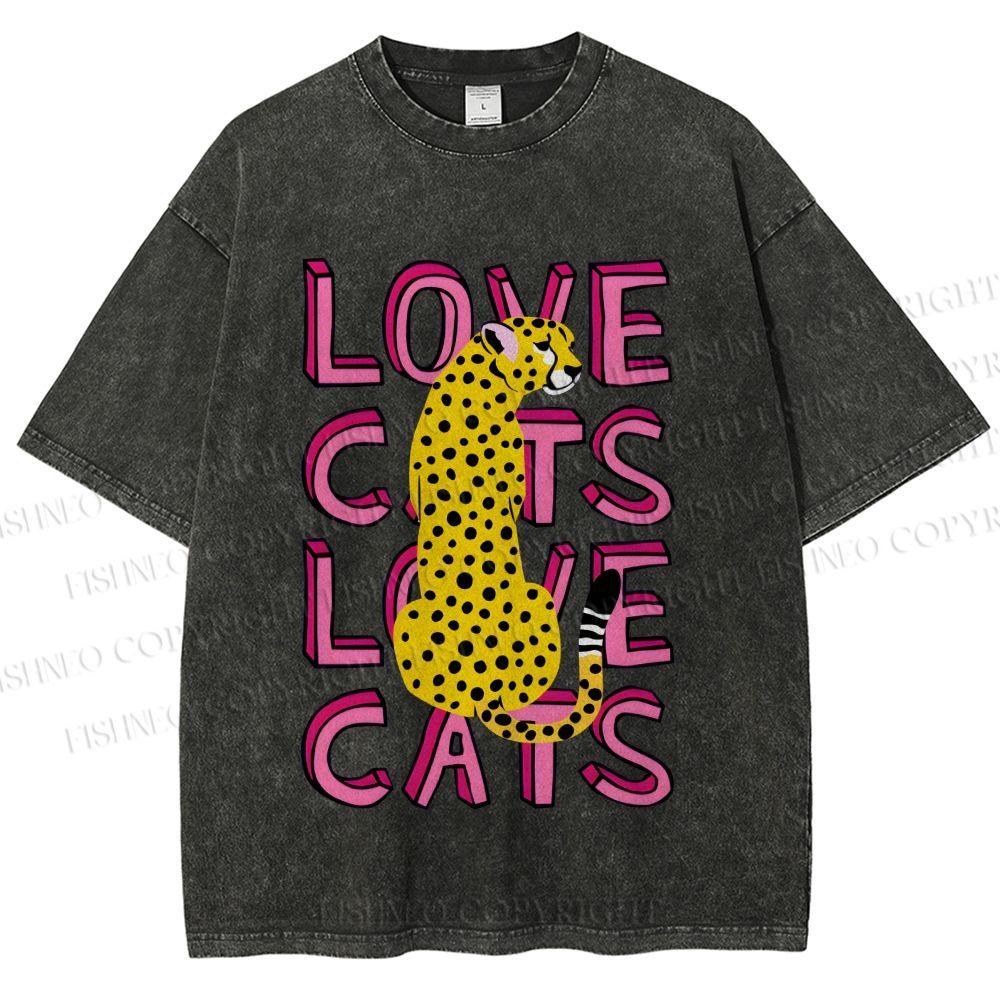 Unisex Love Cats Panther Printed Washed Tee