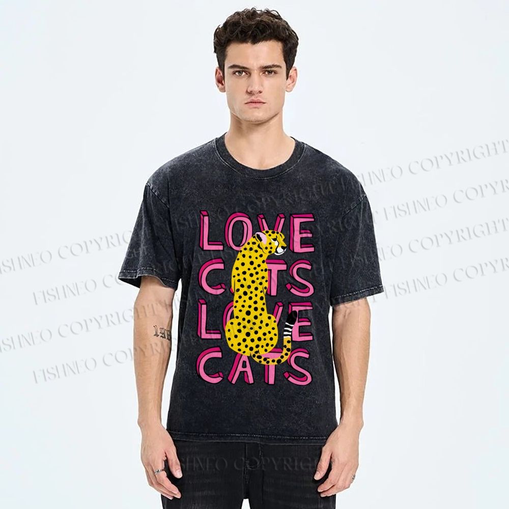 Unisex Love Cats Panther Printed Washed Tee