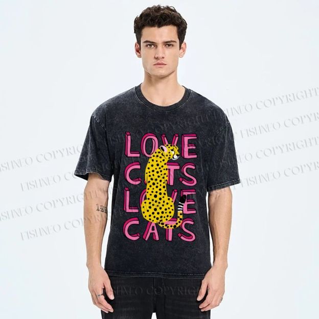 Unisex Love Cats Panther Printed Washed Tee