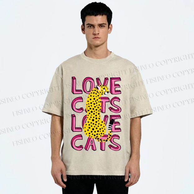 Unisex Love Cats Panther Printed Washed Tee
