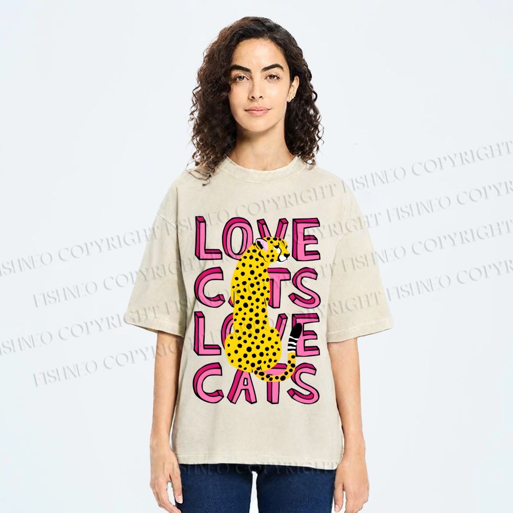 Unisex Love Cats Panther Printed Washed Tee