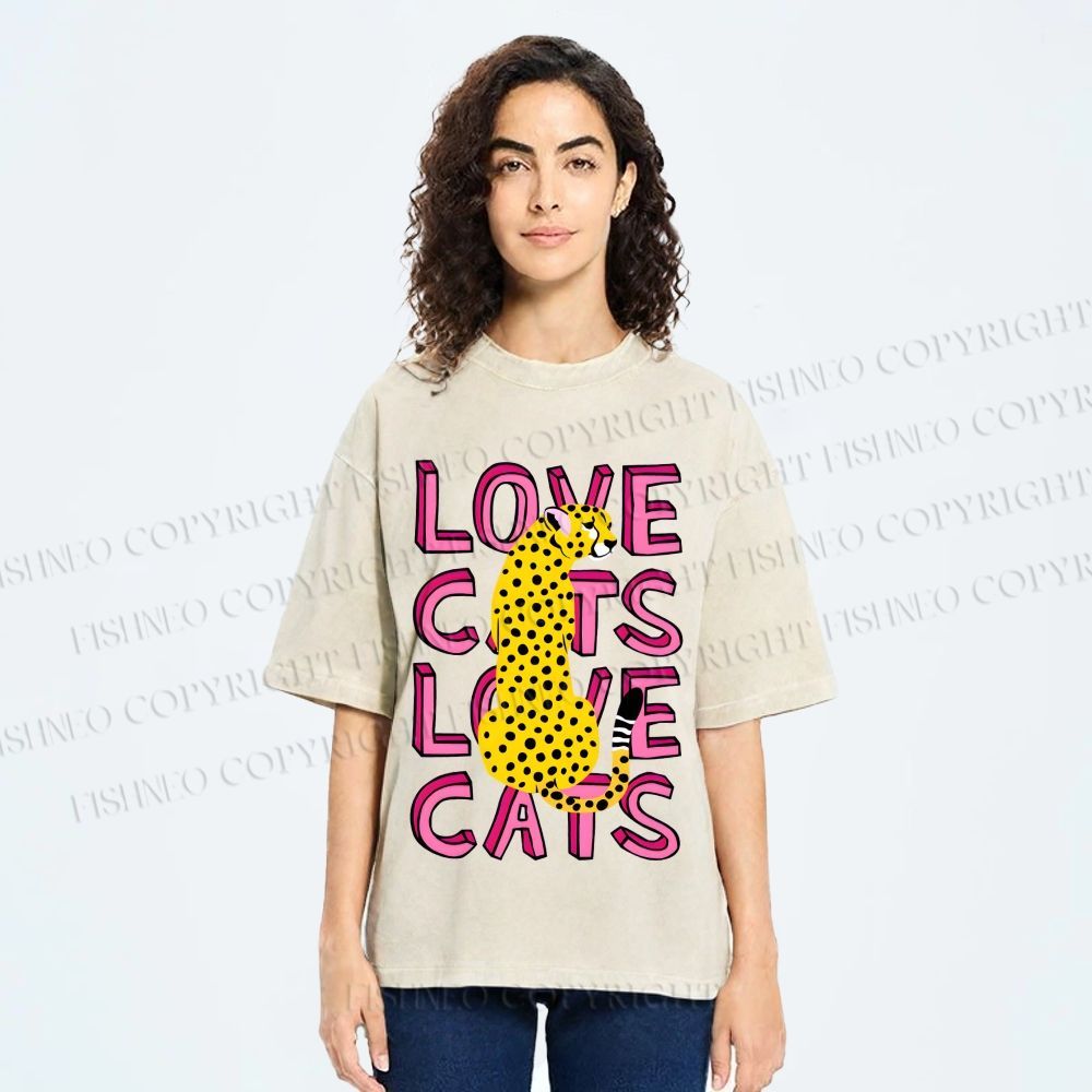 Unisex Love Cats Panther Printed Washed Tee