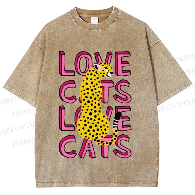 Unisex Love Cats Panther Printed Washed Tee