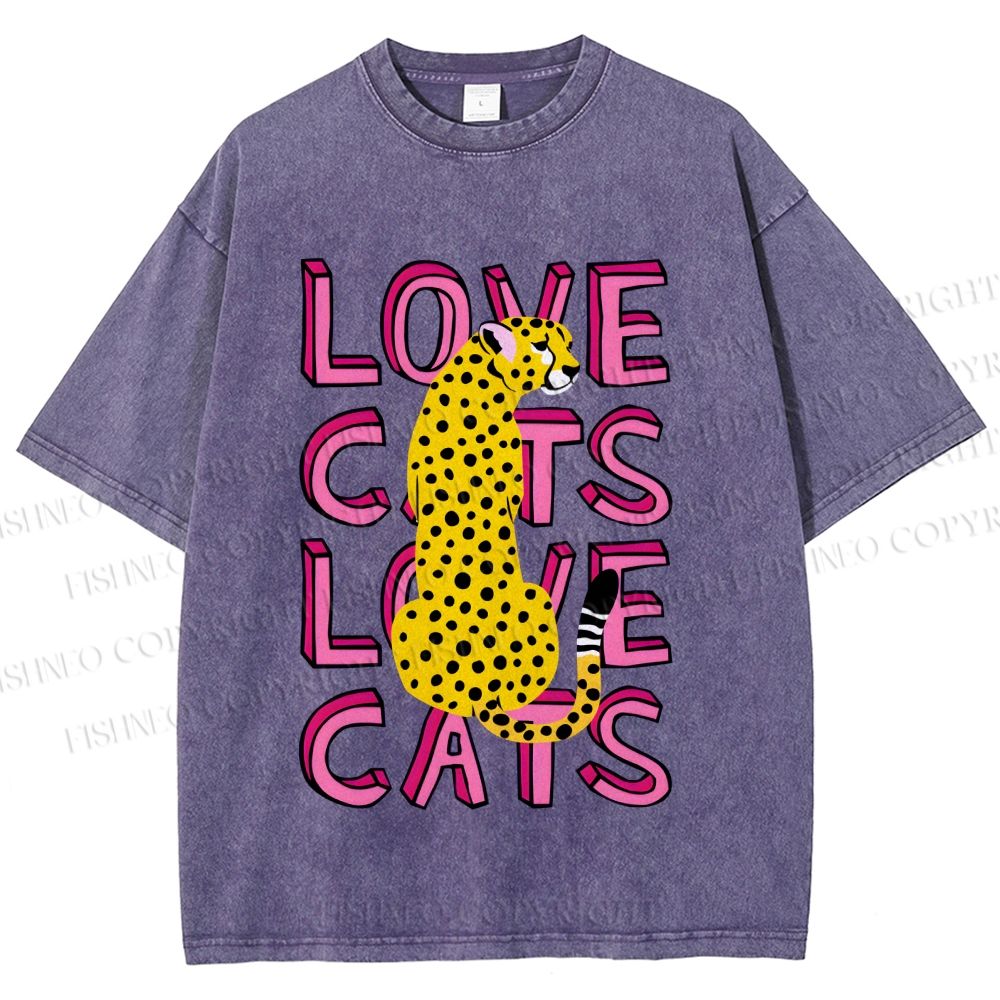 Unisex Love Cats Panther Printed Washed Tee