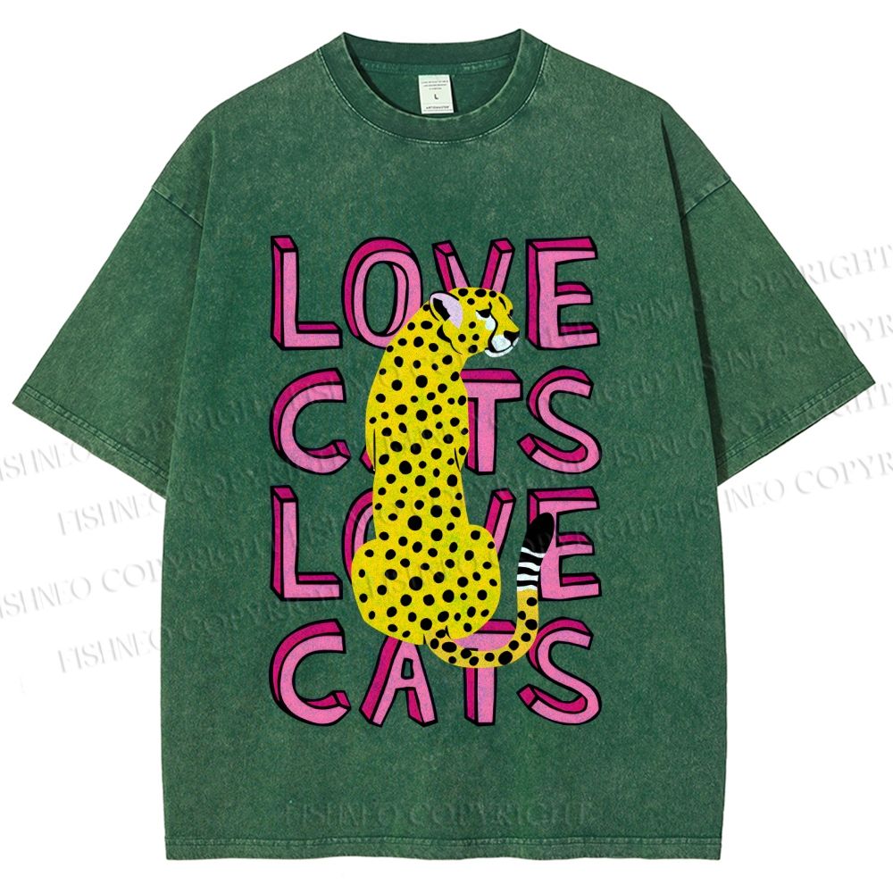 Unisex Love Cats Panther Printed Washed Tee