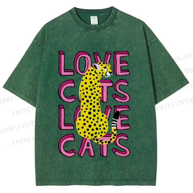 Unisex Love Cats Panther Printed Washed Tee