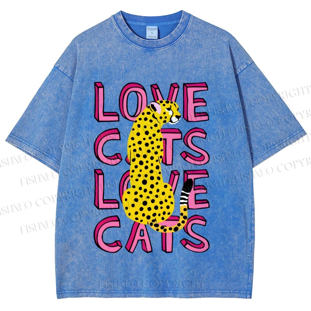 Unisex Love Cats Panther Printed Washed Tee