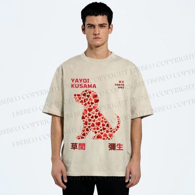 Unisex Yayoi Kusama Love Dog Printed Washed Tee