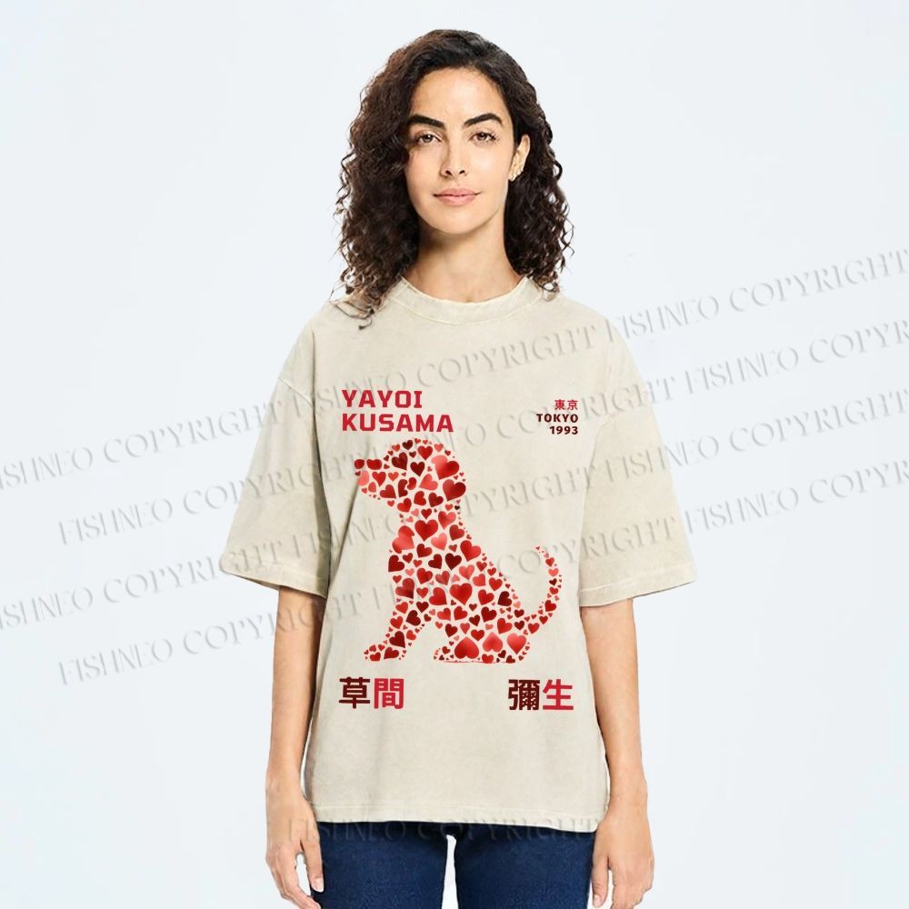 Unisex Yayoi Kusama Love Dog Printed Washed Tee