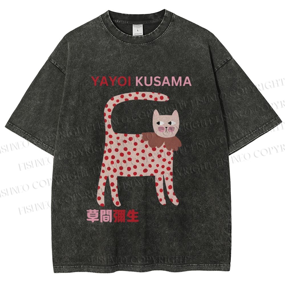 Unisex Yayoi Kusama Cat With Dots Printed Washed Tee