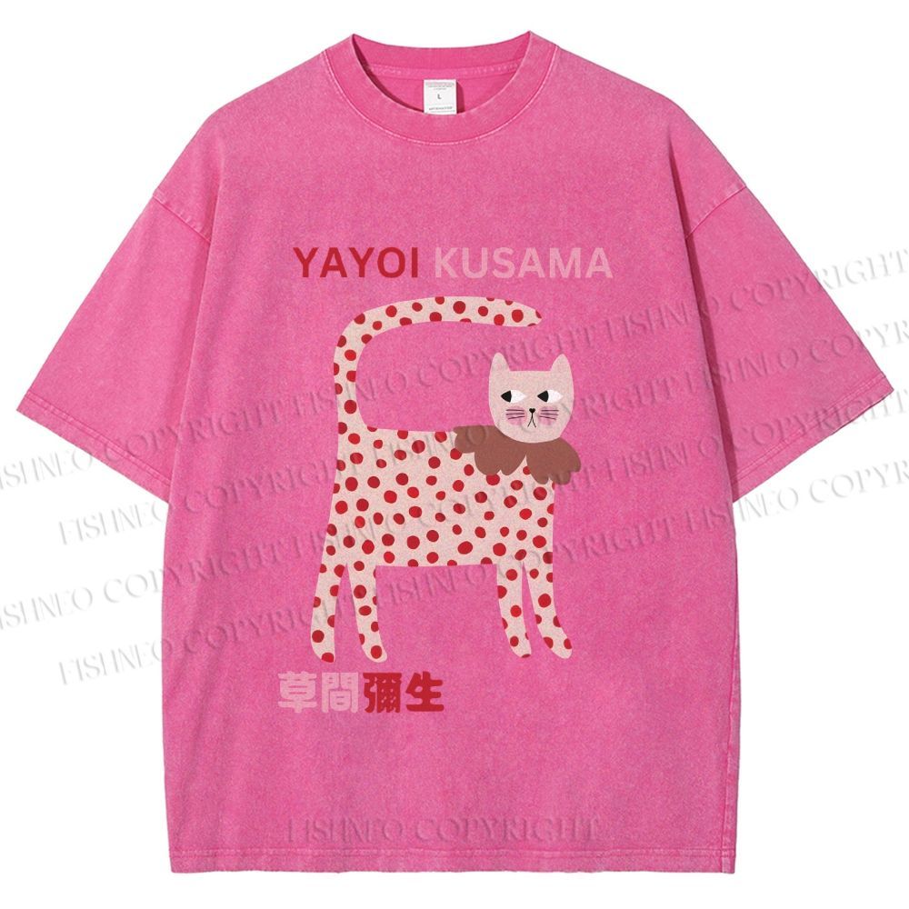 Unisex Yayoi Kusama Cat With Dots Printed Washed Tee