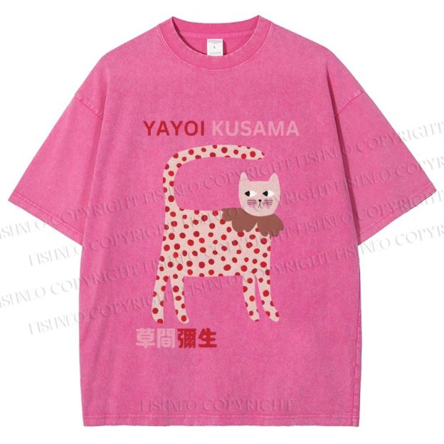 Unisex Yayoi Kusama Cat With Dots Printed Washed Tee