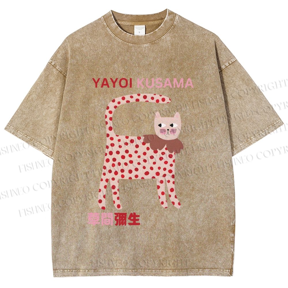 Unisex Yayoi Kusama Cat With Dots Printed Washed Tee