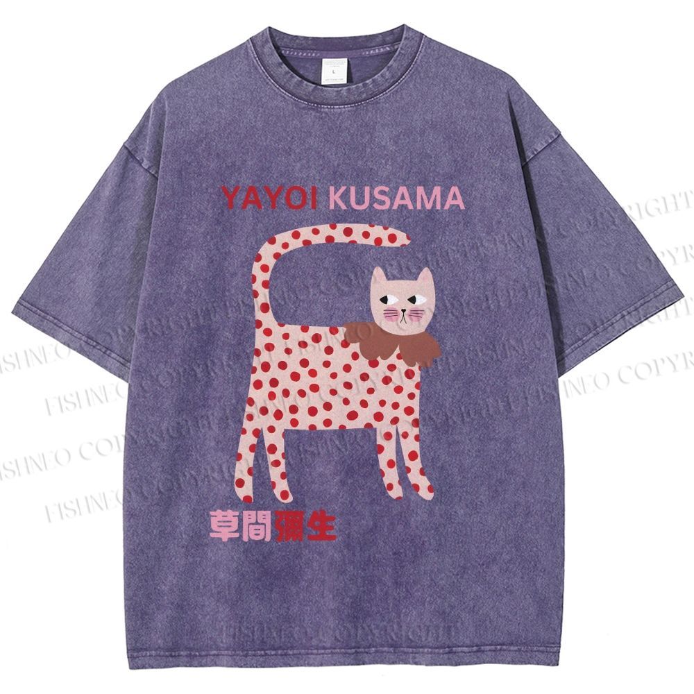 Unisex Yayoi Kusama Cat With Dots Printed Washed Tee