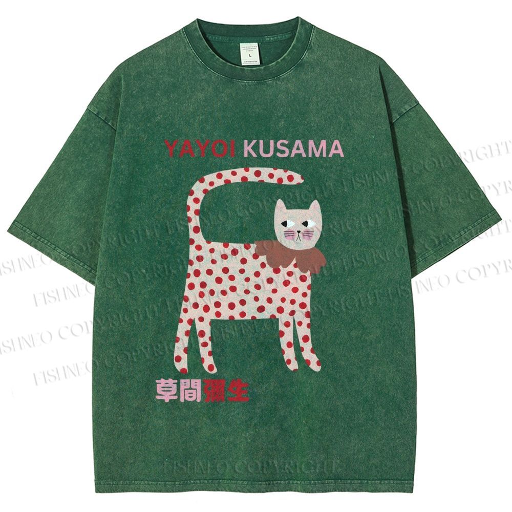Unisex Yayoi Kusama Cat With Dots Printed Washed Tee