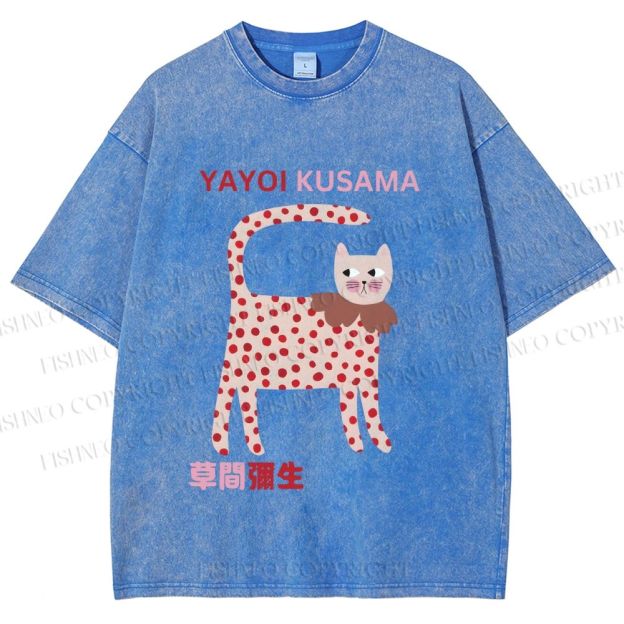 Unisex Yayoi Kusama Cat With Dots Printed Washed Tee