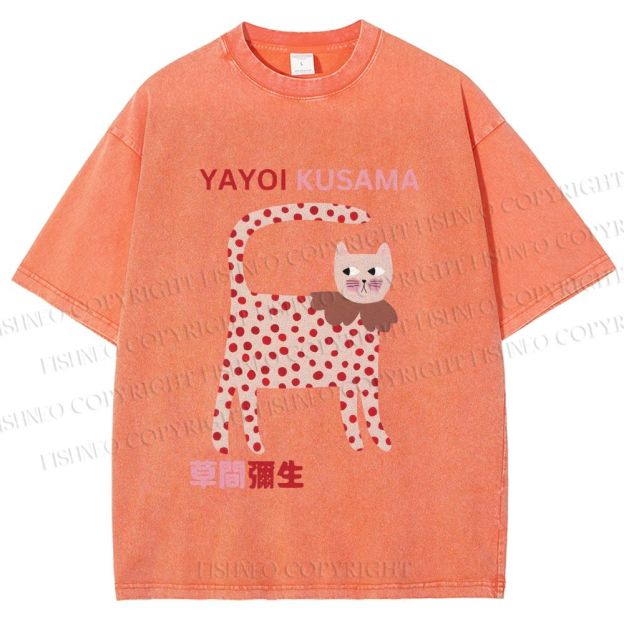 Unisex Yayoi Kusama Cat With Dots Printed Washed Tee