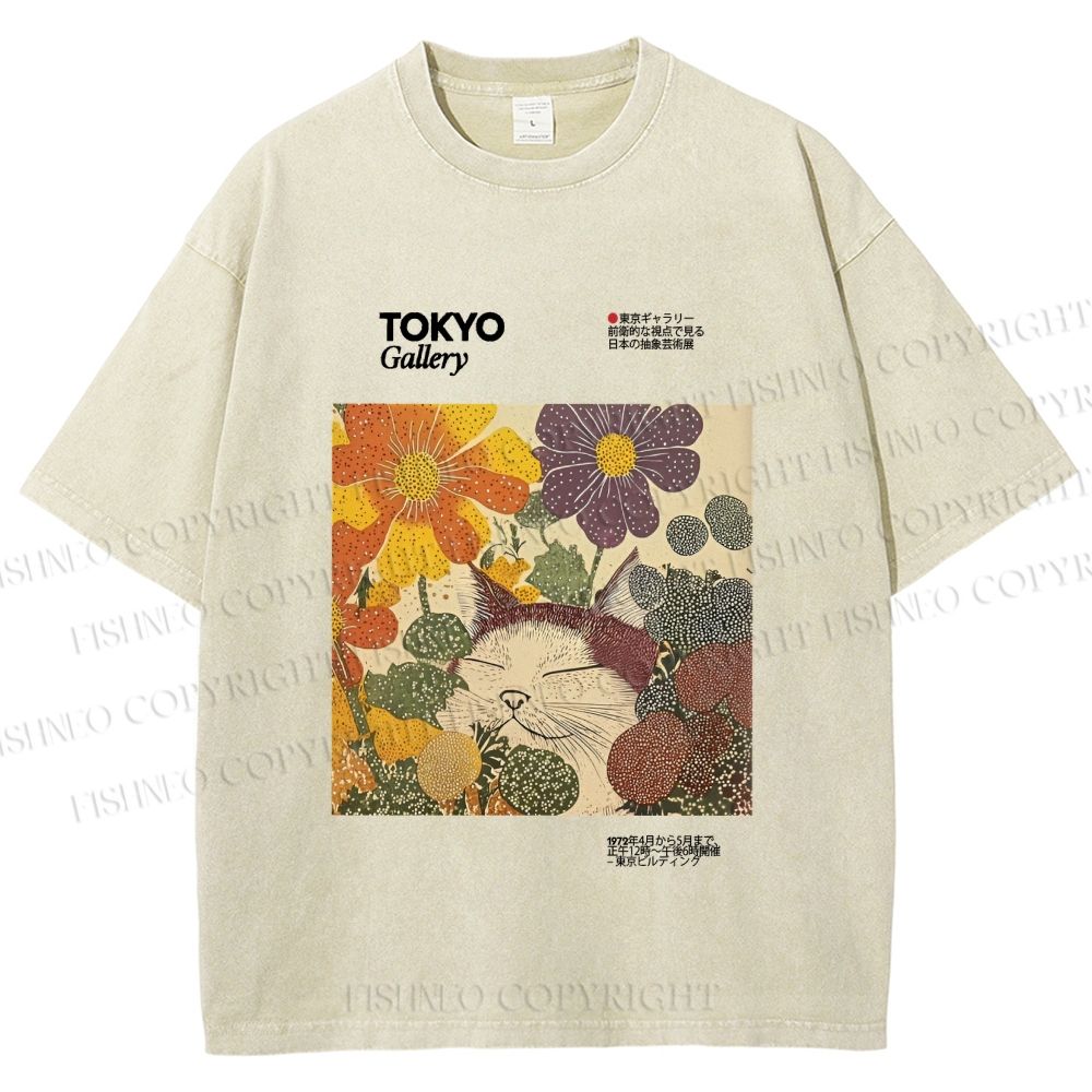 Unisex Cat in Flowers Poster Printed Washed Tee