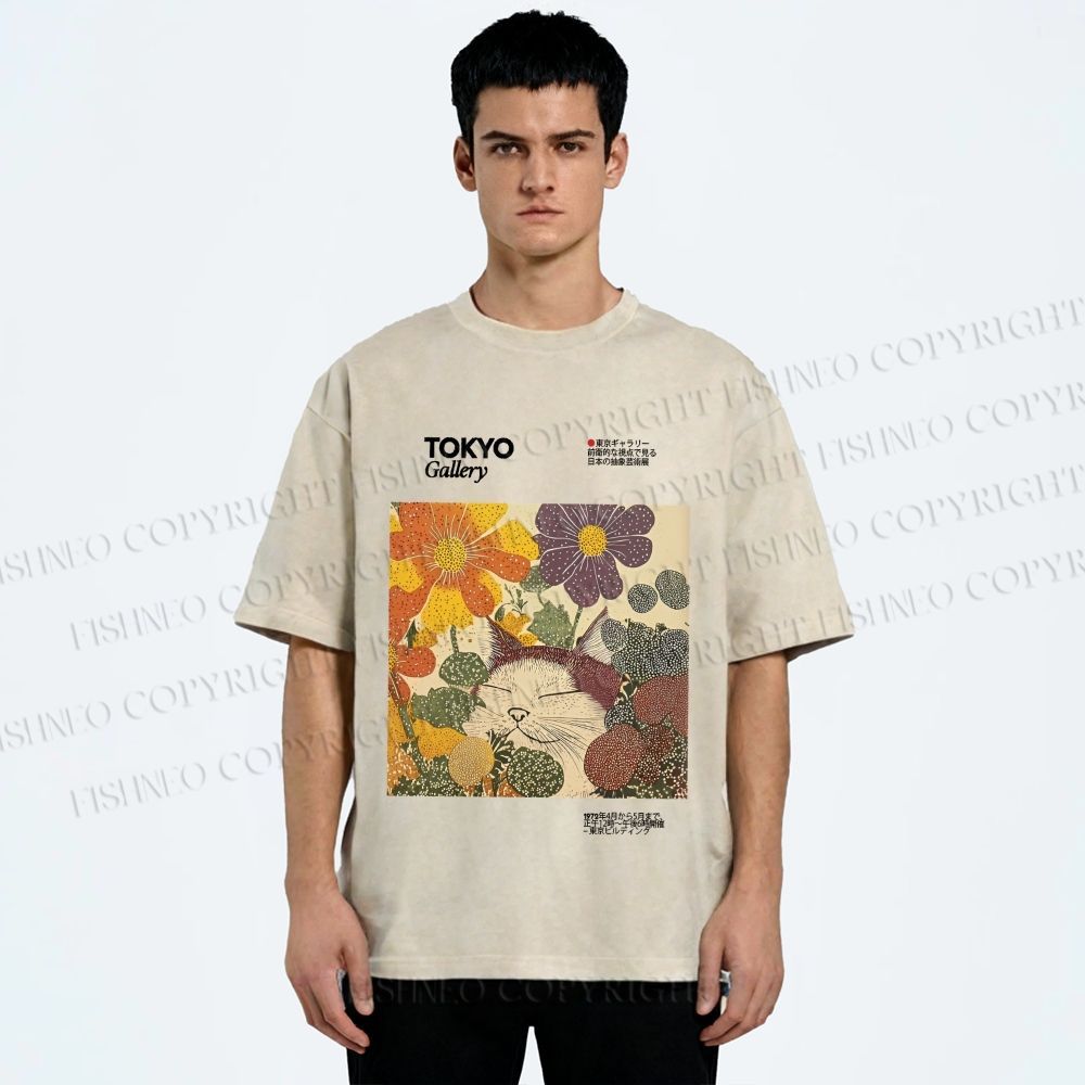 Unisex Cat in Flowers Poster Printed Washed Tee