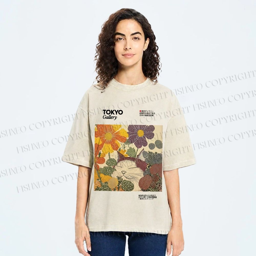 Unisex Cat in Flowers Poster Printed Washed Tee