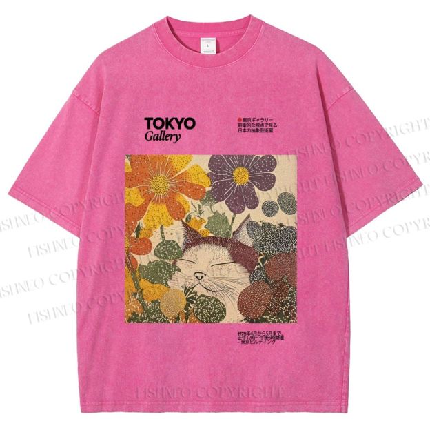 Unisex Cat in Flowers Poster Printed Washed Tee