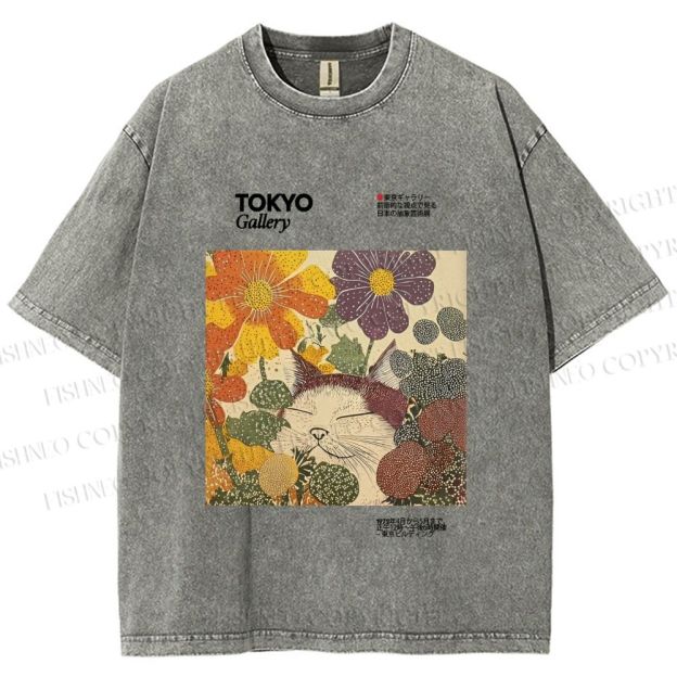 Unisex Cat in Flowers Poster Printed Washed Tee