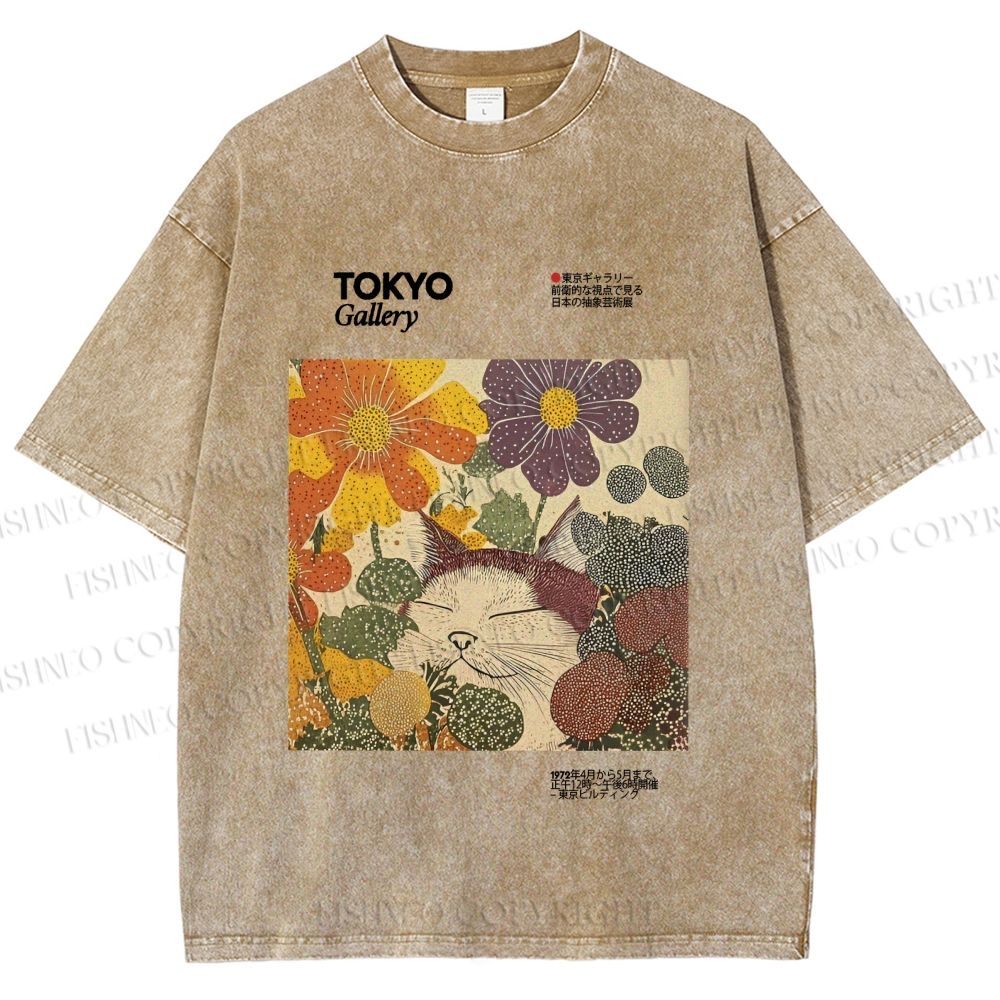 Unisex Cat in Flowers Poster Printed Washed Tee