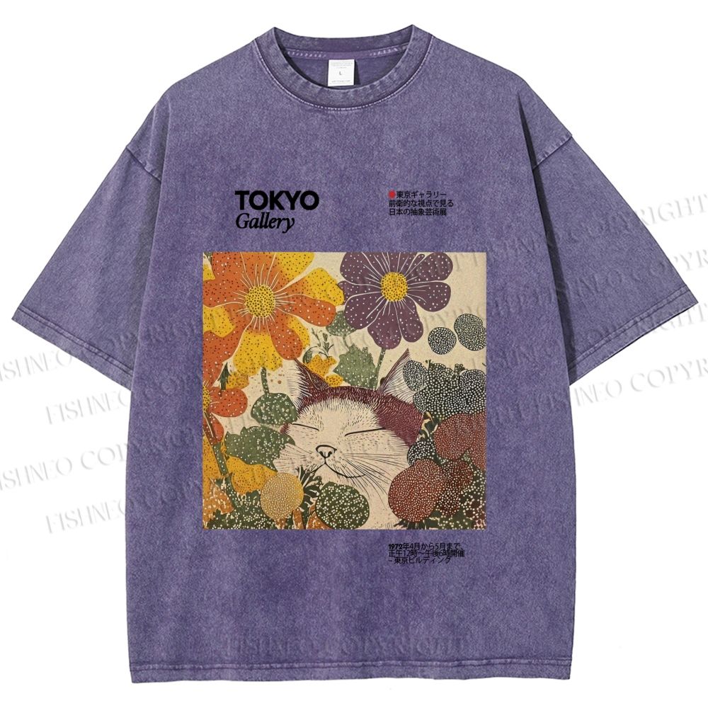 Unisex Cat in Flowers Poster Printed Washed Tee