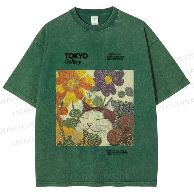 Unisex Cat in Flowers Poster Printed Washed Tee