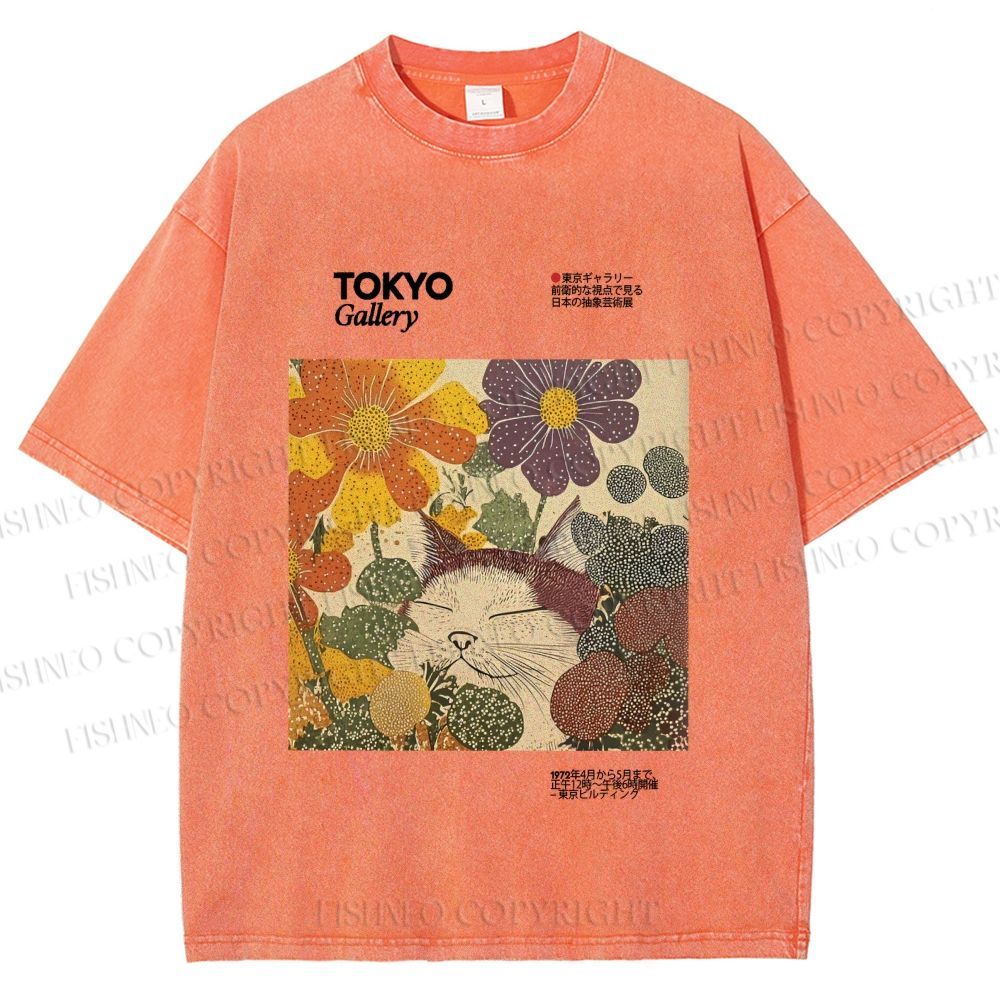 Unisex Cat in Flowers Poster Printed Washed Tee