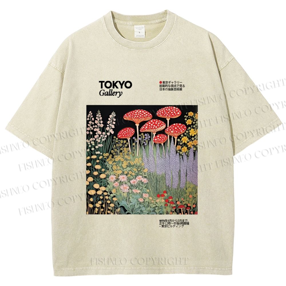 Unisex Mushroom Flowers Poster Printed Washed Tee