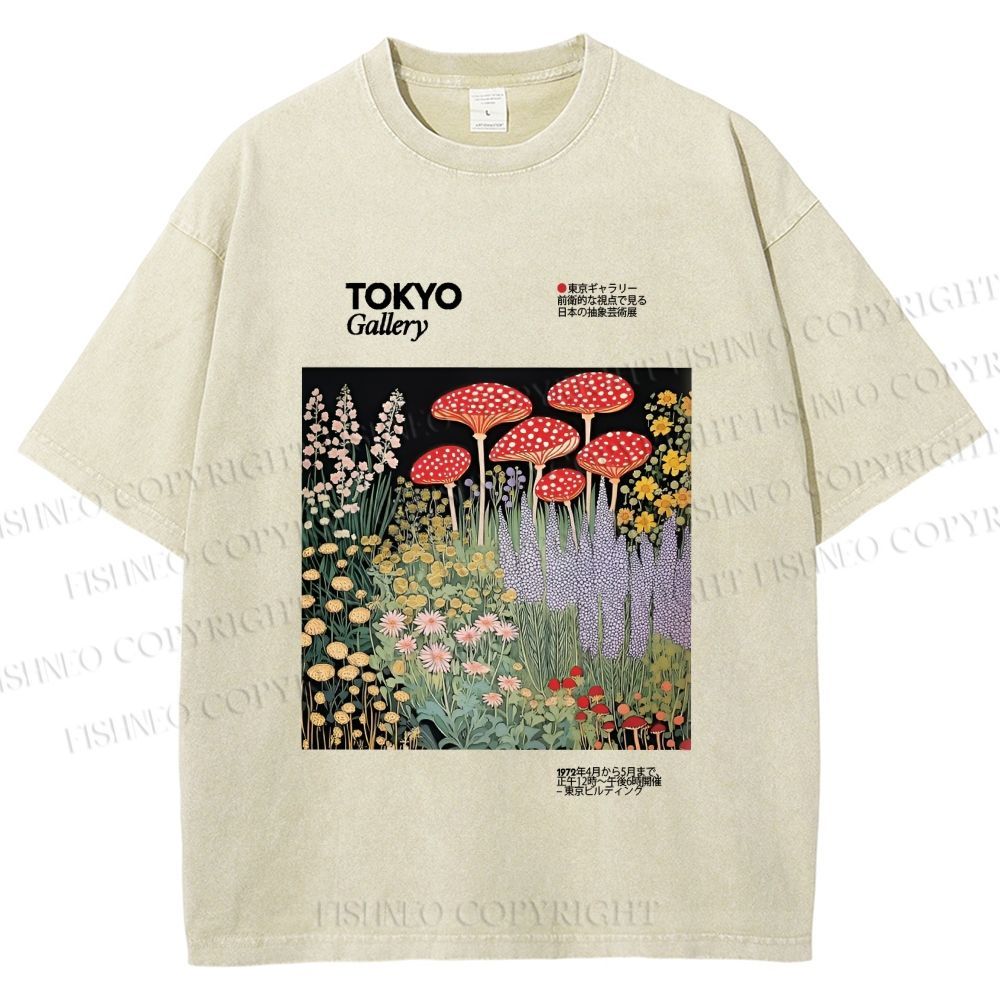 Unisex Mushroom Flowers Poster Printed Washed Tee