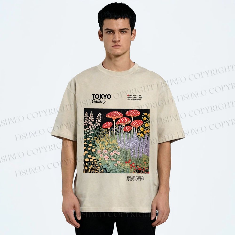 Unisex Mushroom Flowers Poster Printed Washed Tee