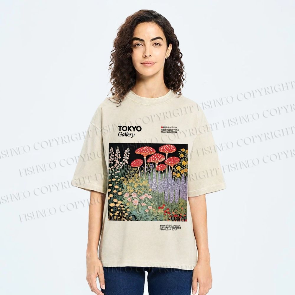 Unisex Mushroom Flowers Poster Printed Washed Tee